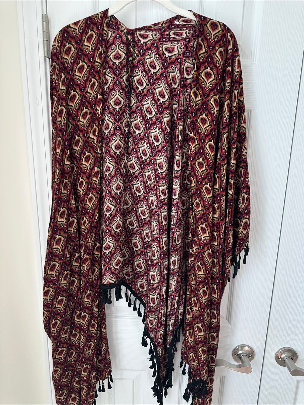 Boho Tassel Kimono Shawl Duster in Burgundy and Black - urban outfitters